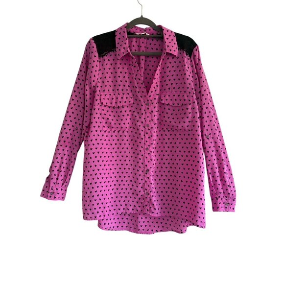 Candies Fuchsia Pink Button-Down Shirt Heart Print Lace XL - Picture 1 of 8